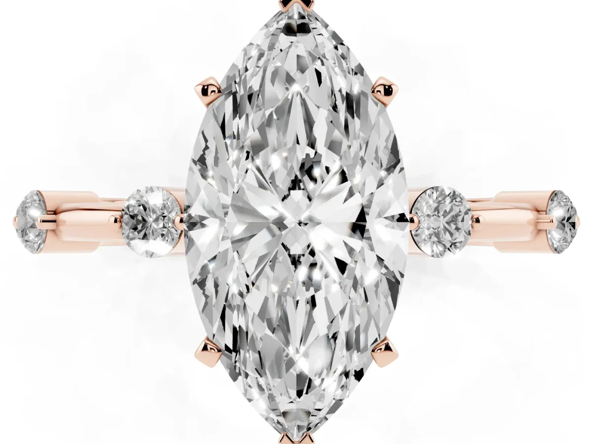 Marquise Cut Solitaire Diamond Ring with Bezel Set Side Stones and Prong Setting Rose gold