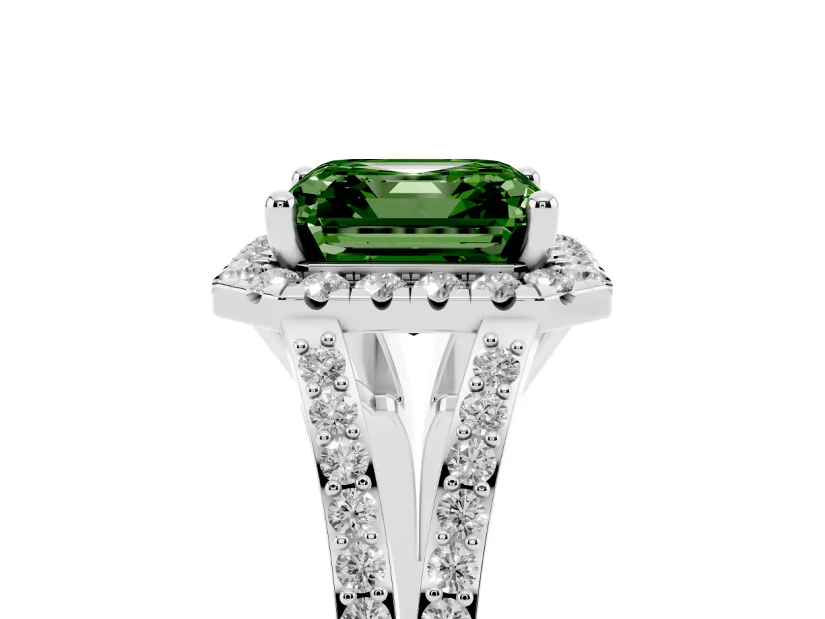 Fancy Green Asscher Cut Halo Split Shank Diamond Ring with Prong Setting Silver