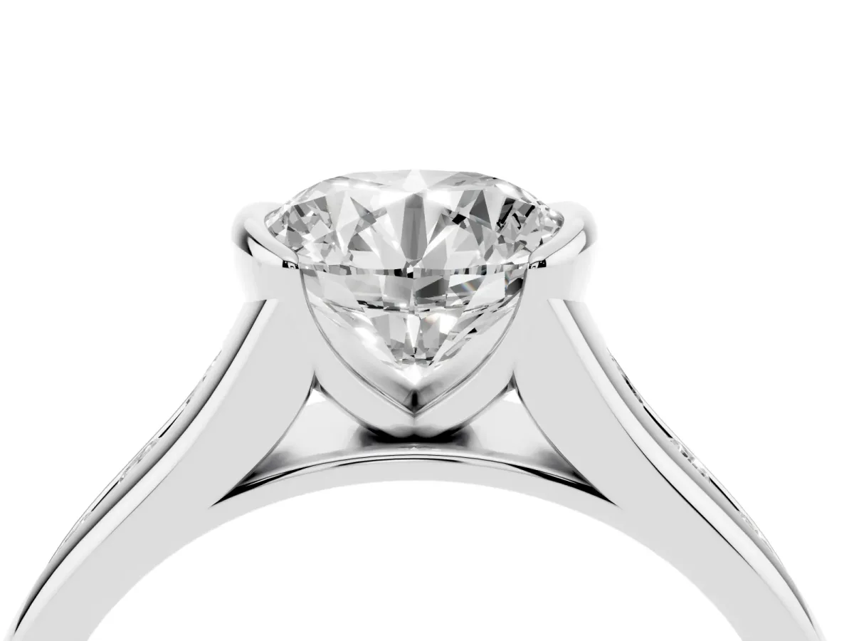 Round Cut Solitaire Bezel-Set Diamond Ring with Channel-Set Band Platinum