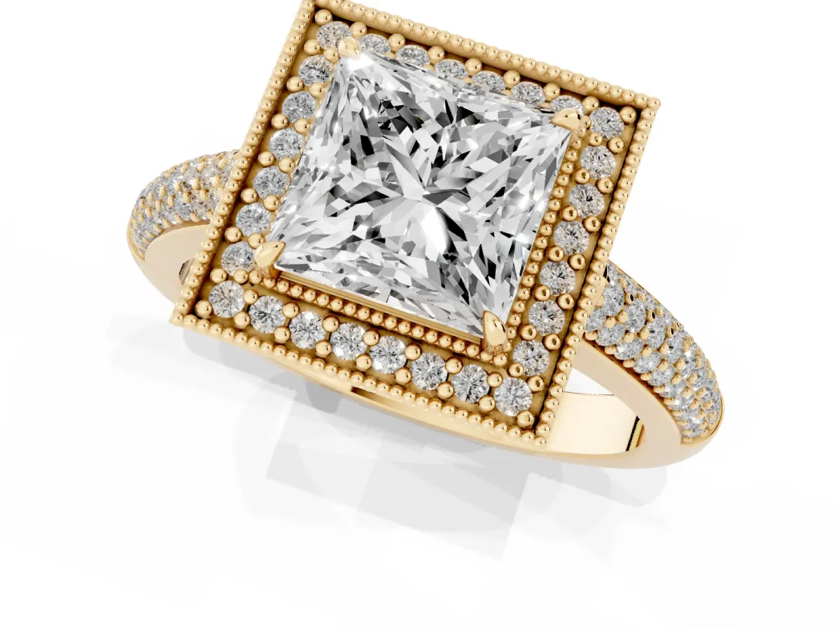 Princess Cut Cut Halo Diamond Pave Band with Four-Prong Setting Yellow gold