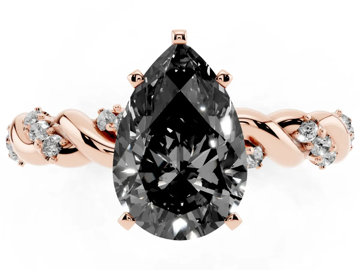 Fancy Black Pear Cut Diamond Solitaire Ring with Twisted Band and Pavé Accents Rose gold