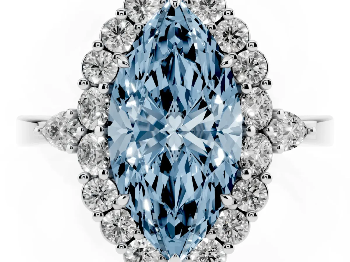 Fancy Blue Marquise Cut Diamond Halo Ring with Pear Side Stones and Prong Setting Silver