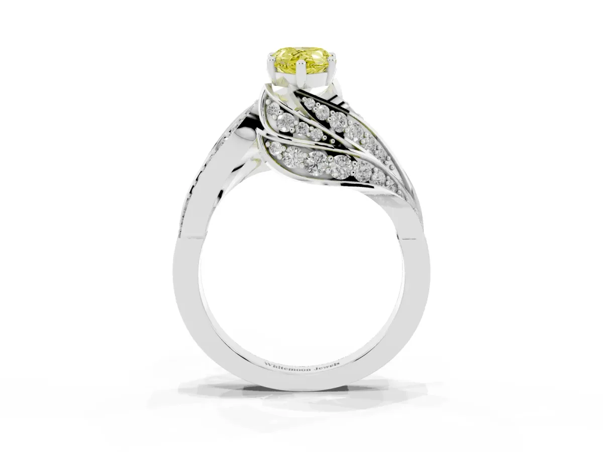 Fancy Yellow Pear Cut Diamond Solitaire Ring with Prong Setting and Twisted Pavé Band Silver