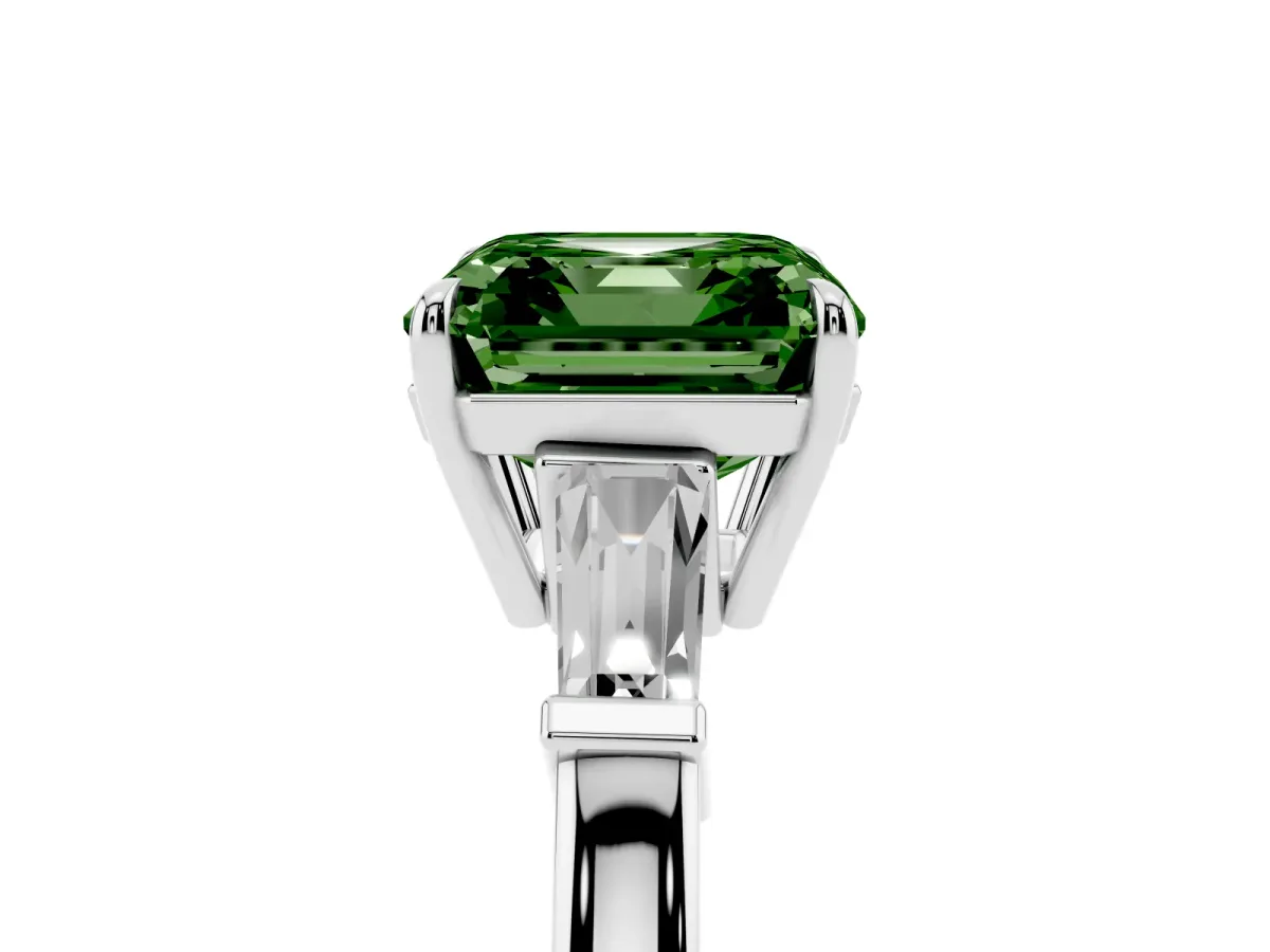 Fancy Green Asscher Cut Diamond Three-Stone Ring with Tapered Baguette Side Stones and Prong Setting Silver