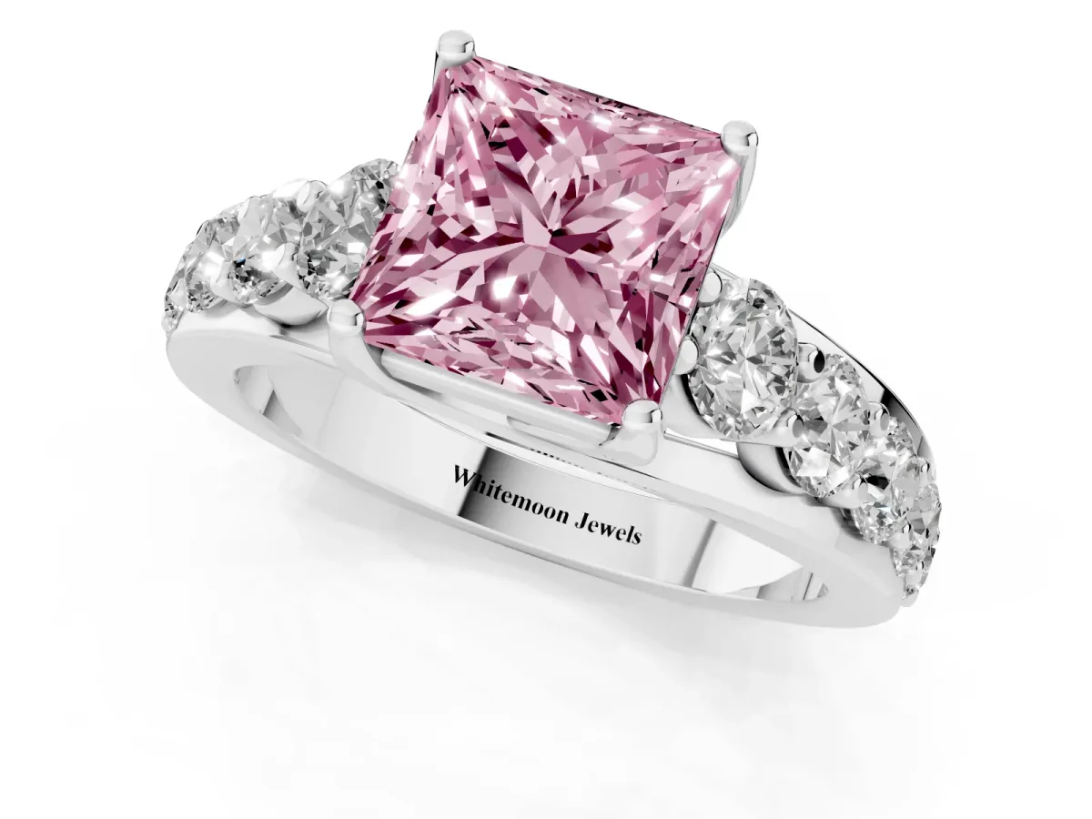 Fancy Pink Princess Cut Diamond Engagement Ring with Pavé Band and Four-Prong Setting Platinum