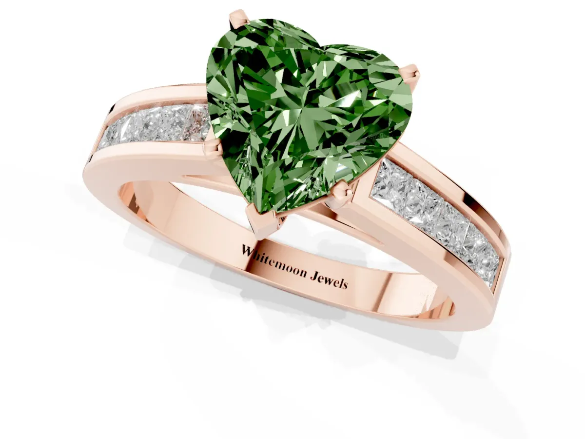 Fancy Green Heart Cut Solitaire Diamond Ring with Channel-Set Band and Four-Prong Setting Rose gold