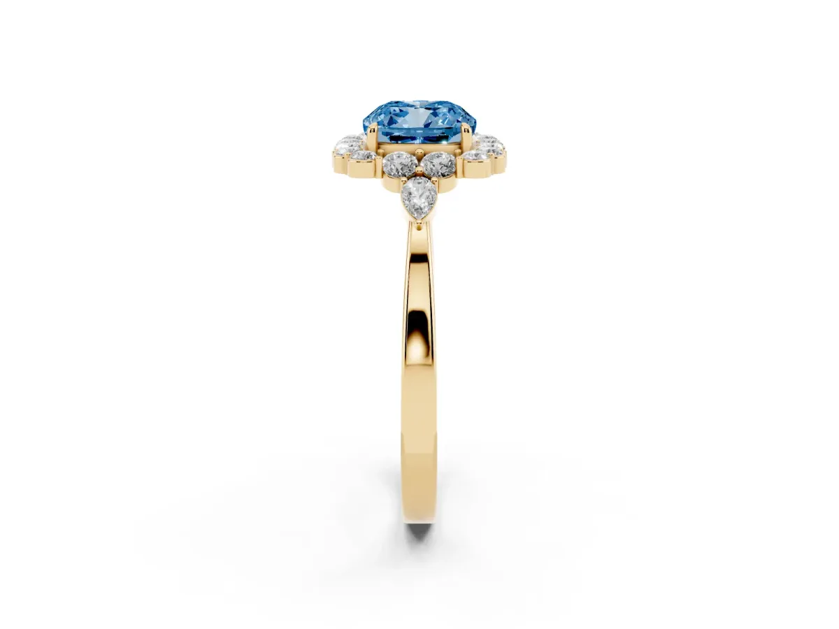 Fancy Blue Cushion Cut Diamond Halo Ring with Pear Side Stones and Prong Setting Yellow gold