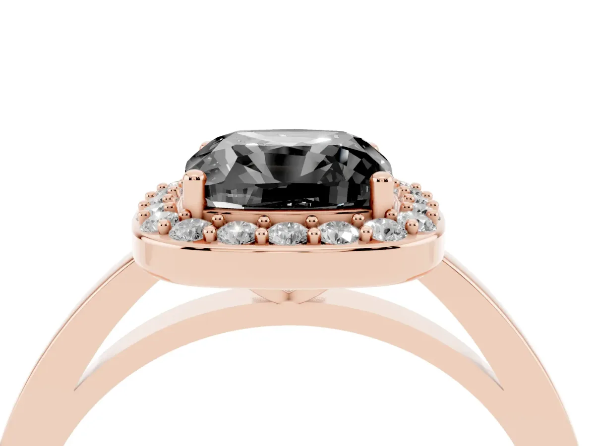 Fancy Black Cushion Cut Halo Diamond Ring with Solitaire Band and Prong Setting Rose gold