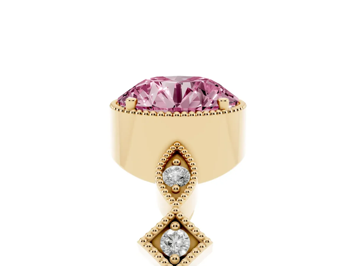 Fancy Pink Round Cut Milgrain Marquise Diamond Twist Band Ring Yellow gold