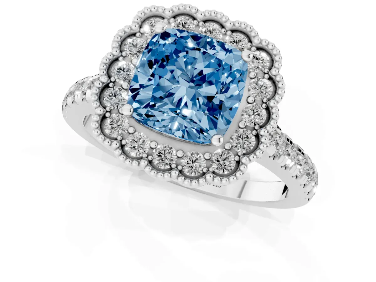 Fancy Blue Cushion Cut Cut Diamond Milgrain Floral Halo Engagement Ring with Pavé Band Platinum