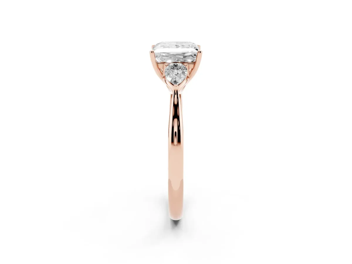 Princess Cut Diamond Three-Stone Ring with Pear Side Stones and Prong Setting Rose gold