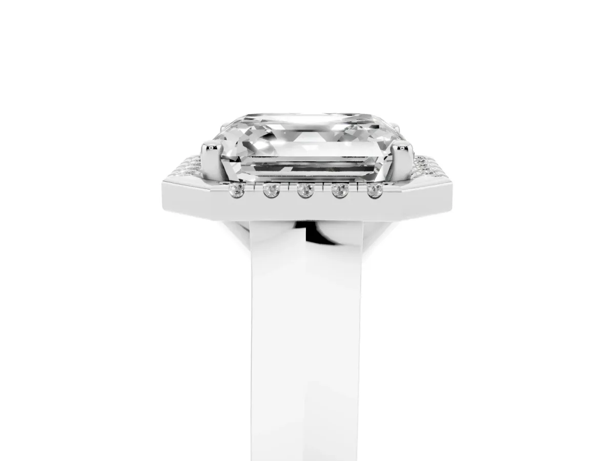 Asscher Cut Halo Diamond Ring with Cathedral Band and Four-Prong Setting Silver