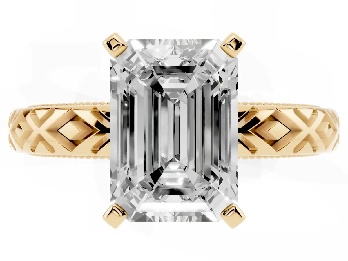 Emerald Cut Solitaire Diamond Ring with Milgrain and Black Enamel X Pattern Band Yellow gold