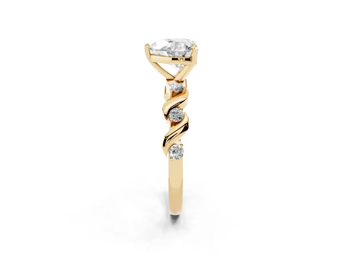 Heart Cut Diamond Solitaire Twisted Band with Round Accents and Prong Setting Yellow gold