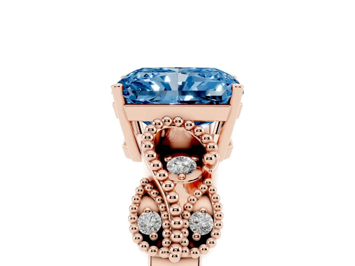 Fancy Blue Radiant Cut Solitaire Milgrain Leaf Band with Prong Setting Rose gold
