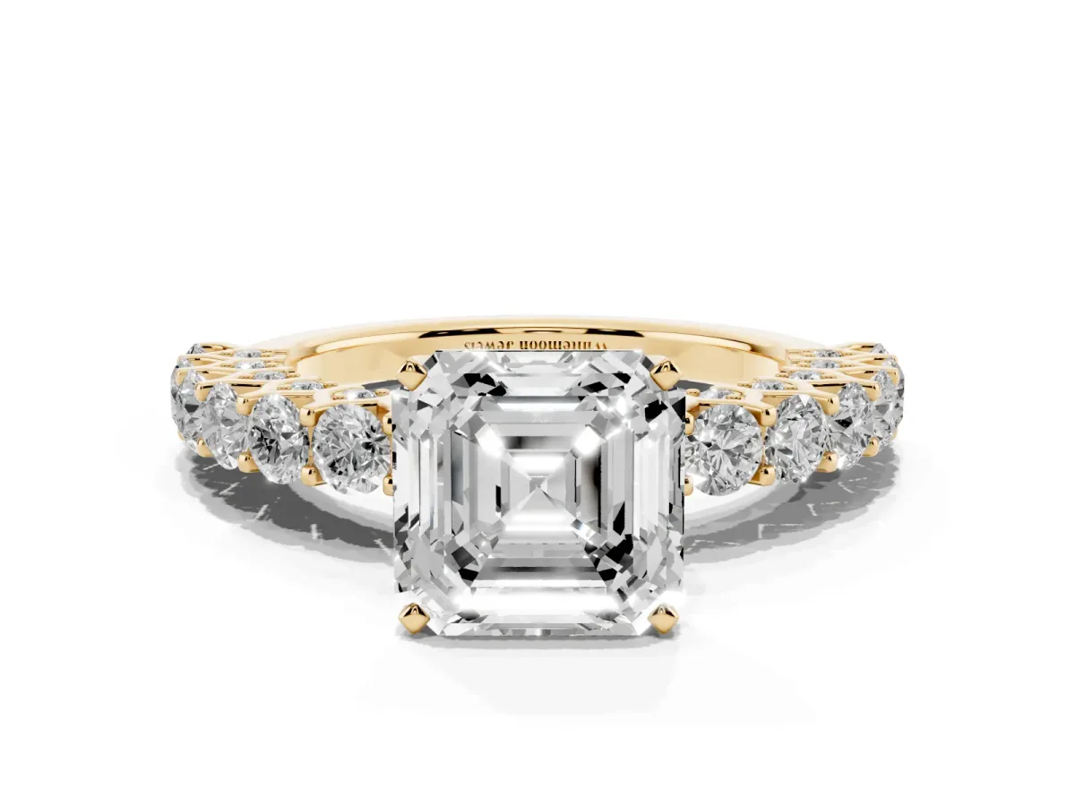 Asscher Cut Diamond Solitaire Ring with Shared Prong Pavé Band and Four-Prong Setting Yellow gold