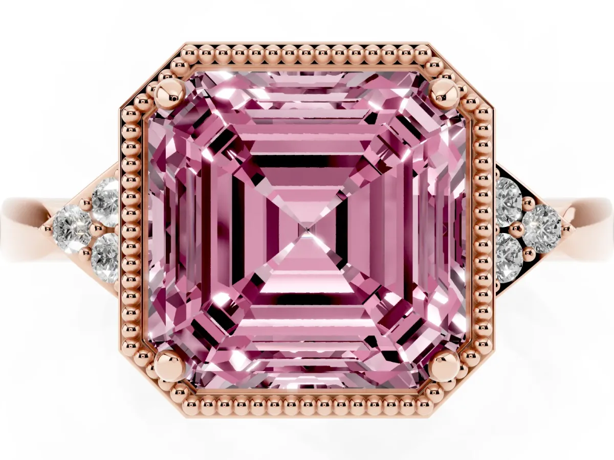 Fancy Pink Asscher Cut Diamond Halo Ring with Tapered Band and Four-Prong Setting Rose gold