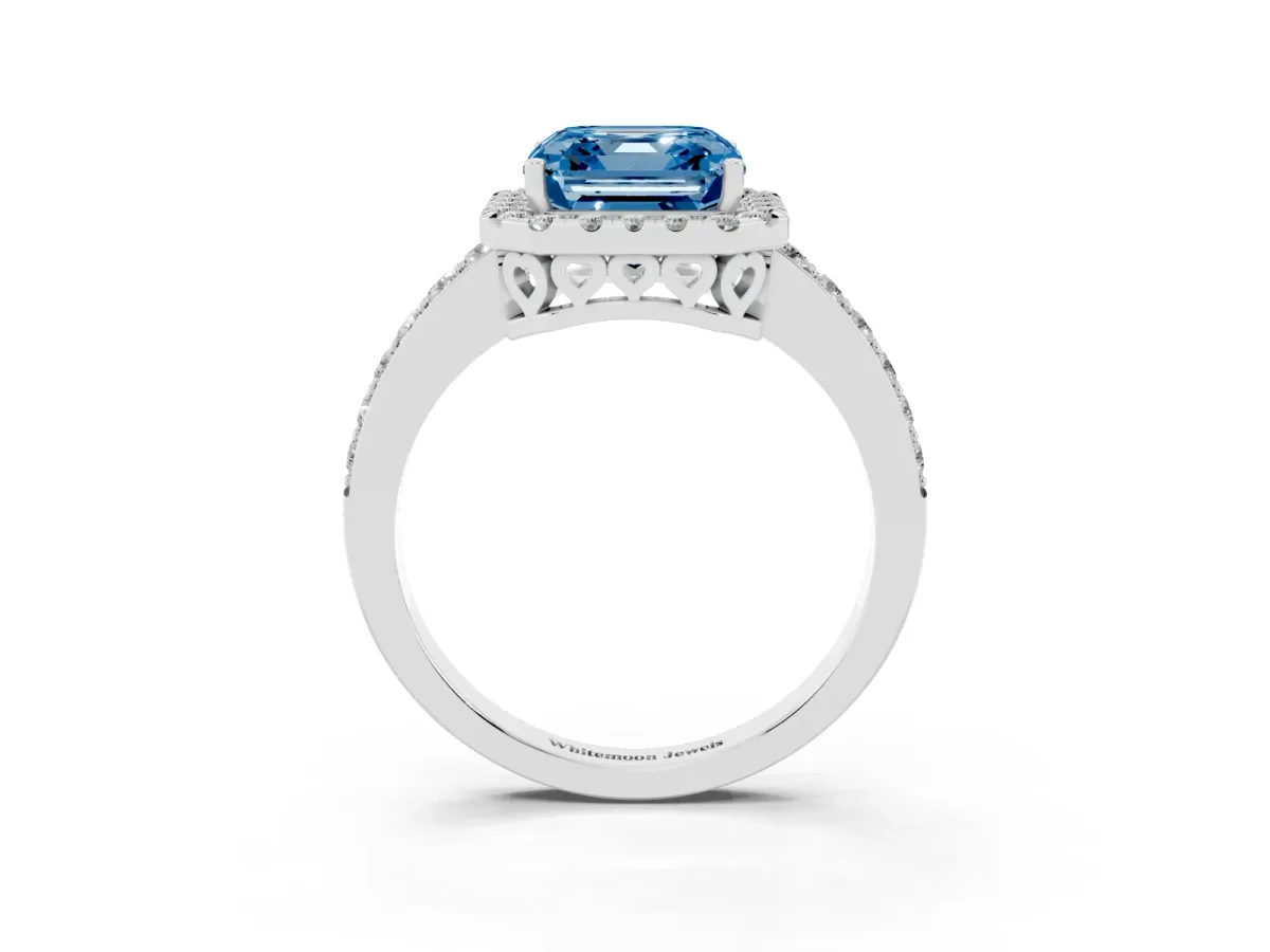 Fancy Blue Asscher Cut Halo Diamond Pavé Band Ring with Prong Setting Silver
