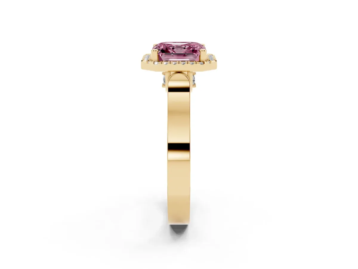Fancy Pink Asscher Cut Halo Pave Split Shank Prong Setting Ring Yellow gold