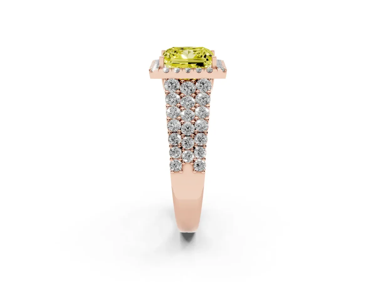 Fancy Yellow Princess Cut Diamond Halo Engagement Ring with Triple Row Round Pavé Band and Prong Setting Rose gold