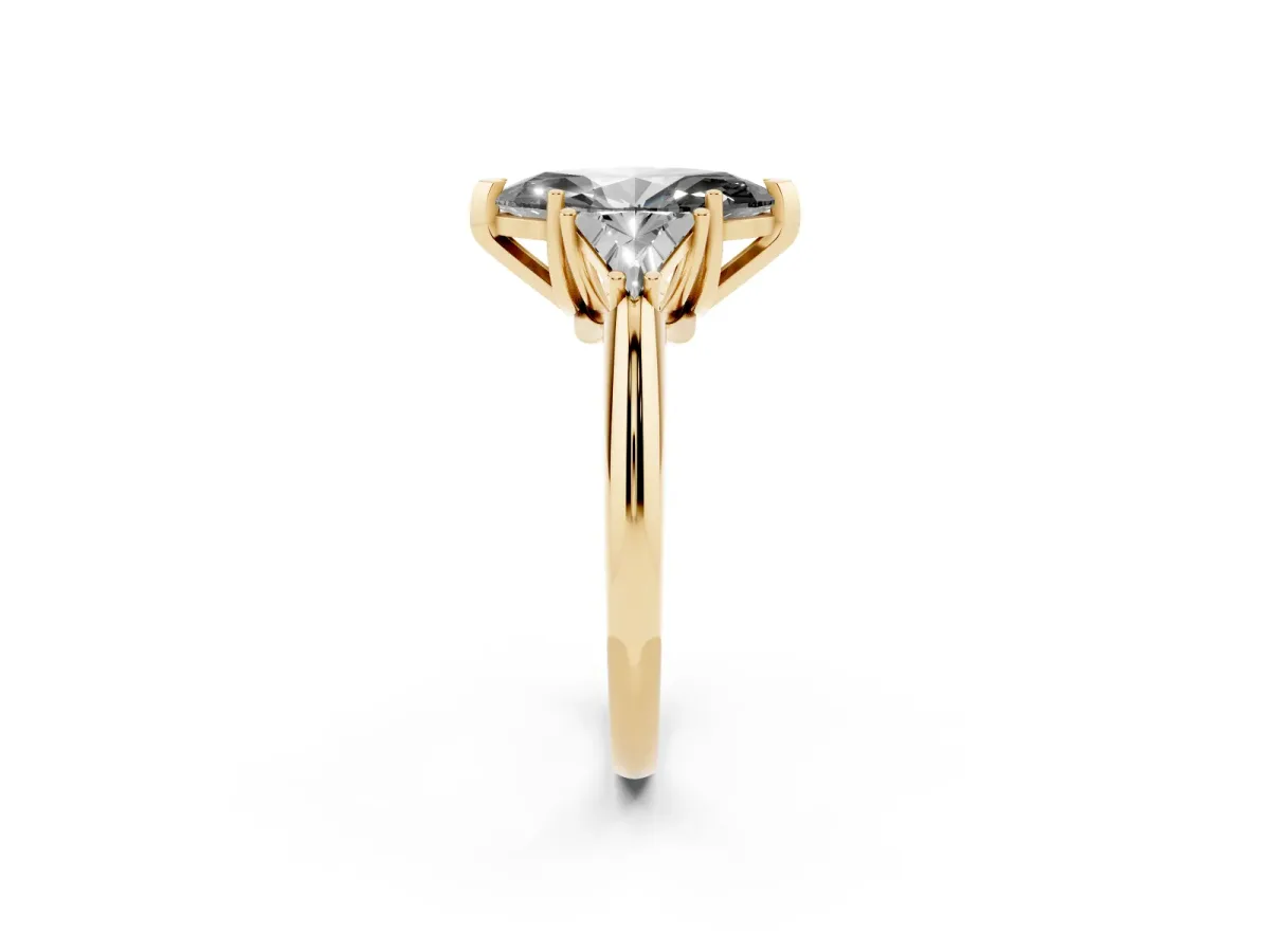 Fancy Black Three-Stone Marquise Cut Diamond Engagement Ring with Trillion Side Stones and Prong Setting Yellow gold