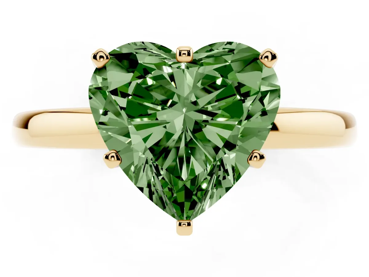 Fancy Green Heart Cut Solitaire Diamond Ring with Six-Prong Setting on a Classic Band Yellow gold