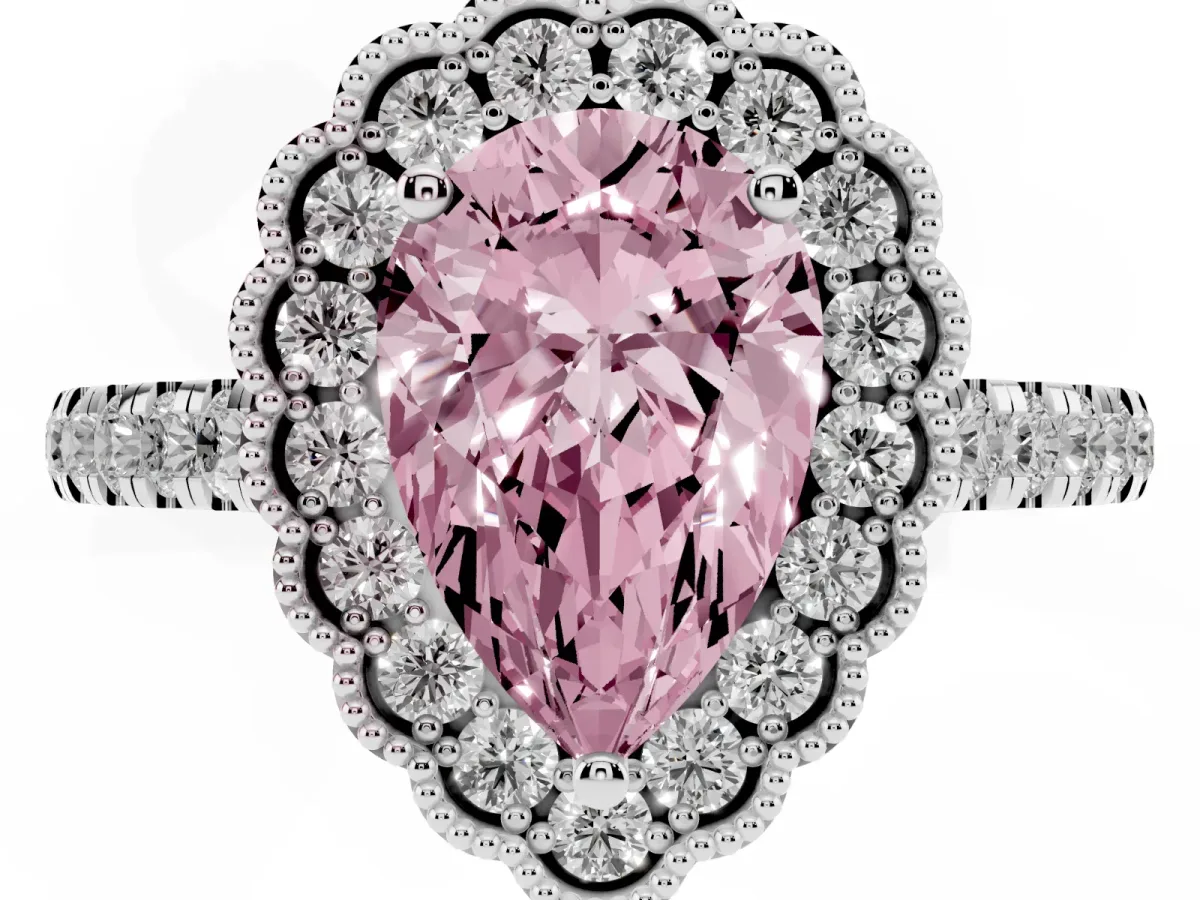 Fancy Pink Pear Cut Cut Diamond Milgrain Floral Halo Engagement Ring with Pavé Band Platinum
