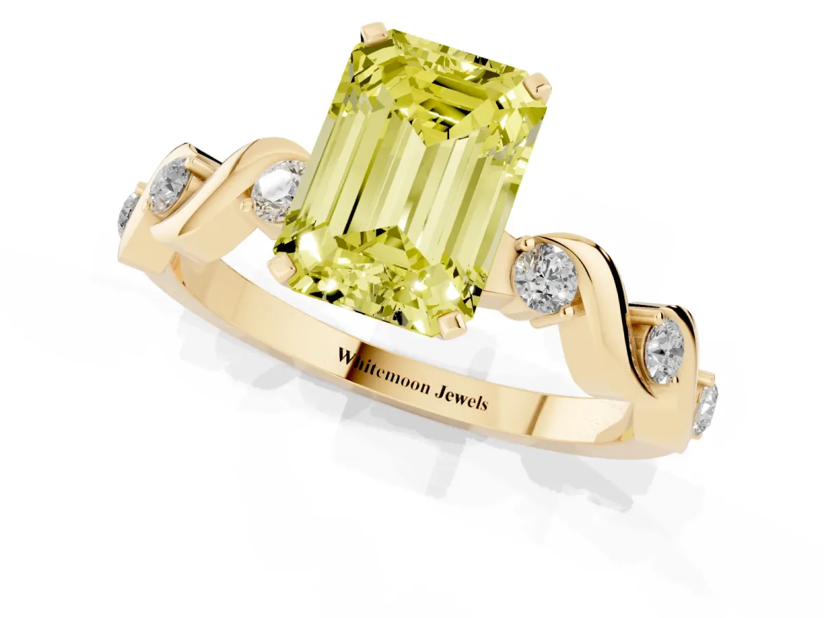 Fancy Yellow Emerald Cut Diamond Solitaire Twisted Band with Round Accents and Prong Setting Yellow gold