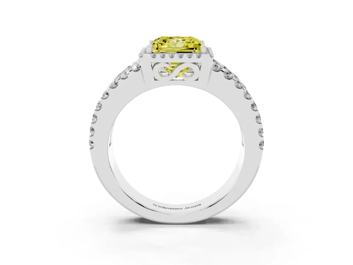 Fancy Yellow Princess Cut Cut Halo Split Shank Diamond Ring with Four-Prong Setting Silver