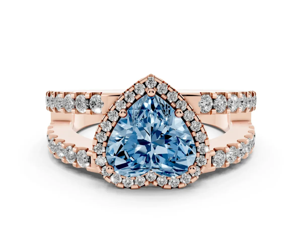 Fancy Blue Heart Cut Cut Halo Split Shank Diamond Ring with Four-Prong Setting Rose gold