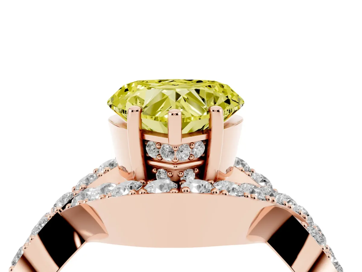 Fancy Yellow Heart Cut Solitaire Twist Band Pavé Diamond Engagement Ring Rose gold