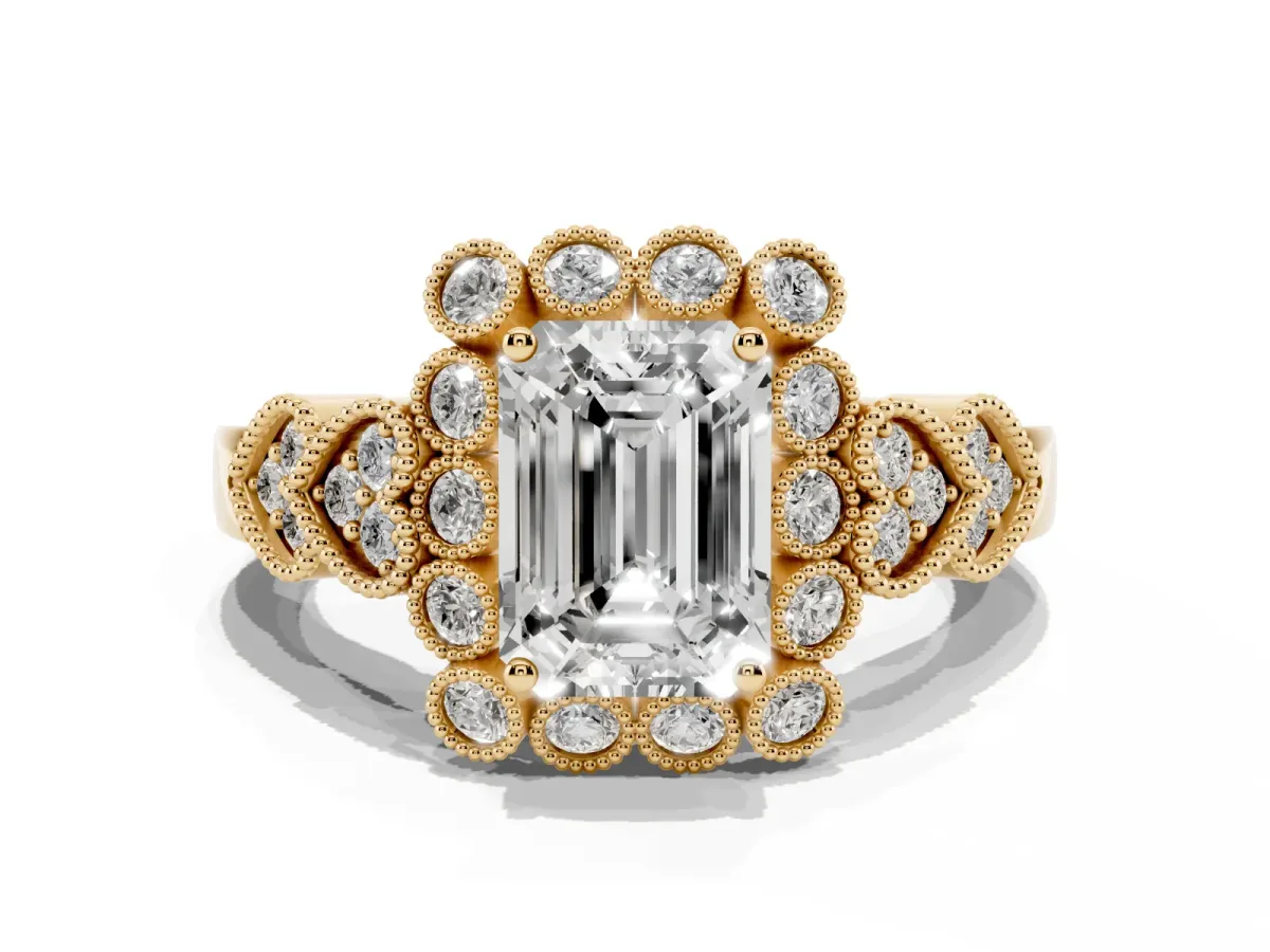 Emerald Cut Brilliant Milgrain Pave Heart Band Solitaire Ring Yellow gold