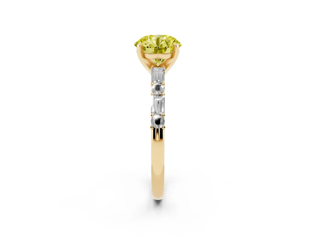 Fancy Yellow Round Cut Diamond Solitaire with Side Baguettes and Channel Set Band Yellow gold