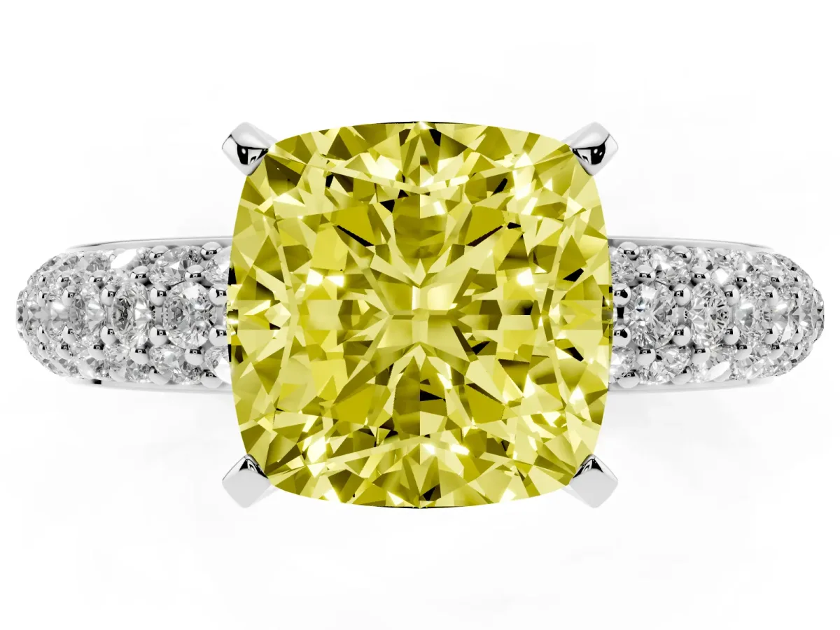 Fancy Yellow Cushion Cut Diamond Solitaire Ring with Prong Setting and Pavé Band Silver