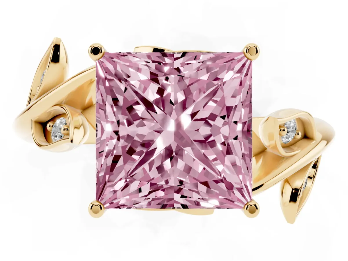 Fancy Pink Princess Cut Solitaire Twist Engagement Ring with Leaf Accents and Prong Setting Yellow gold