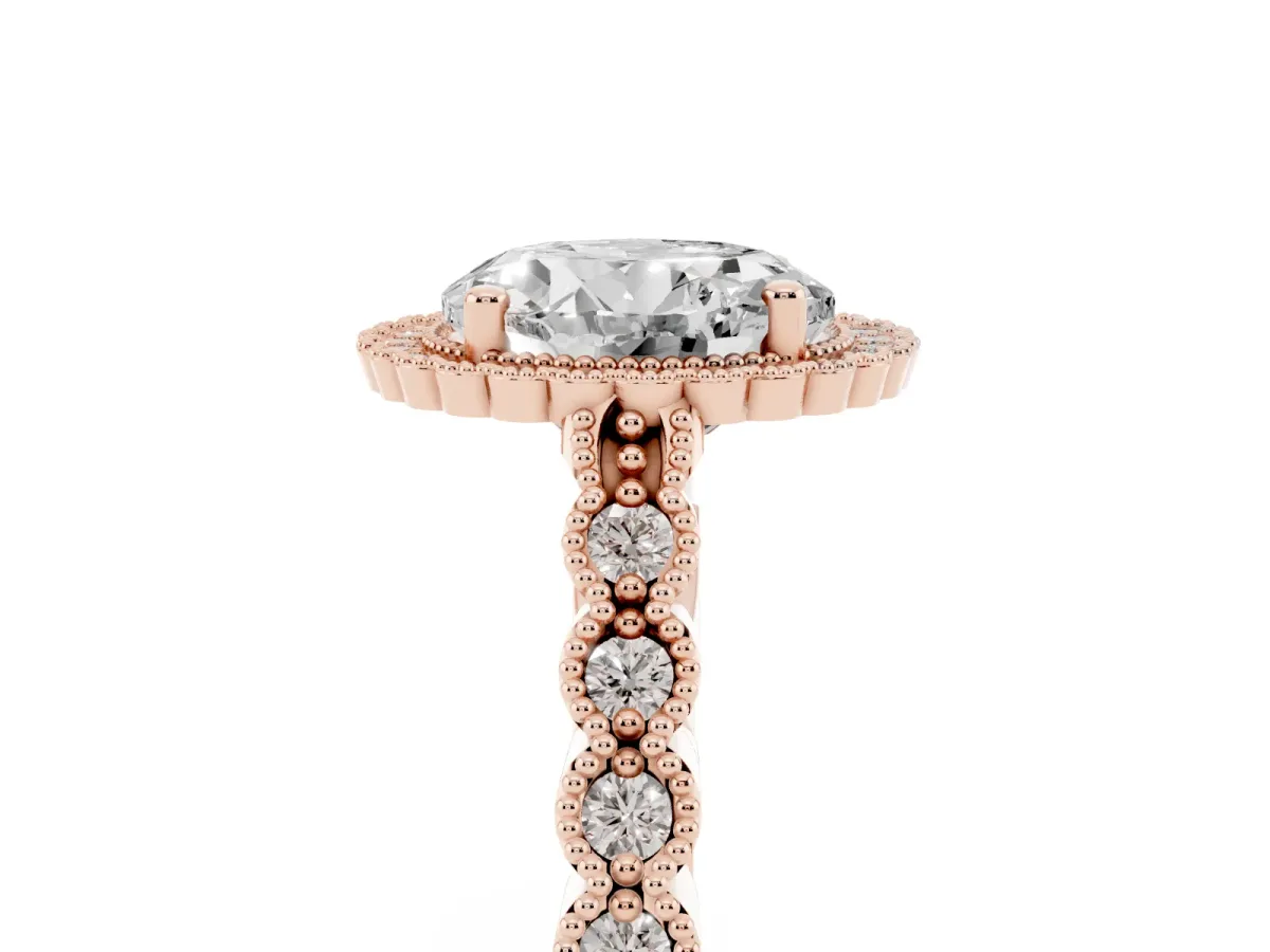 Round Cut Cut Halo Pavé Solitaire Ring with Milgrain Band Rose gold