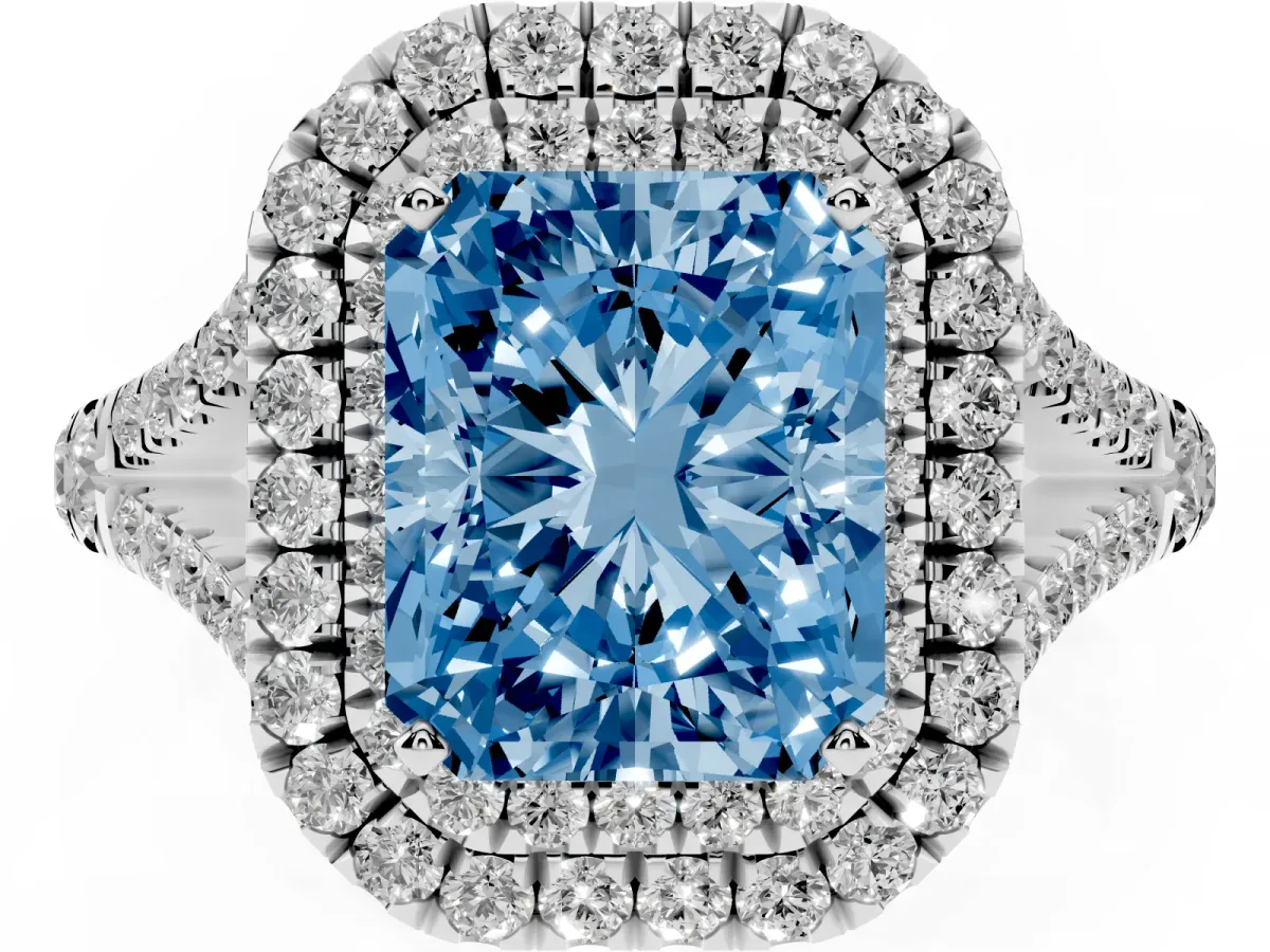 Fancy Blue Radiant Cut Cut Double Halo Split Shank Diamond Ring with Prong Setting White gold