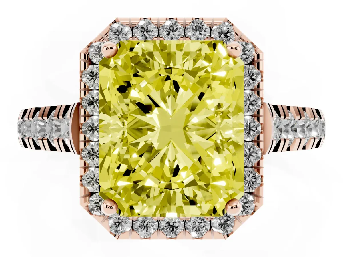 Fancy Yellow Radiant Cut Halo Pavé Diamond Engagement Ring with Four-Prong Setting Rose gold