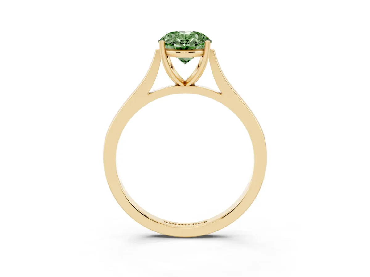 Fancy Green Oval Cut Solitaire Heart Prong Engagement Ring with Tapered Band Yellow gold