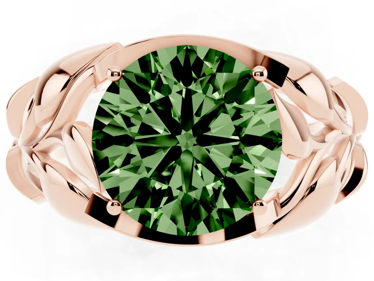 Fancy Green Round Cut Diamond Leaf-Inspired Engagement Ring with Round Accents and Prong Setting Rose gold