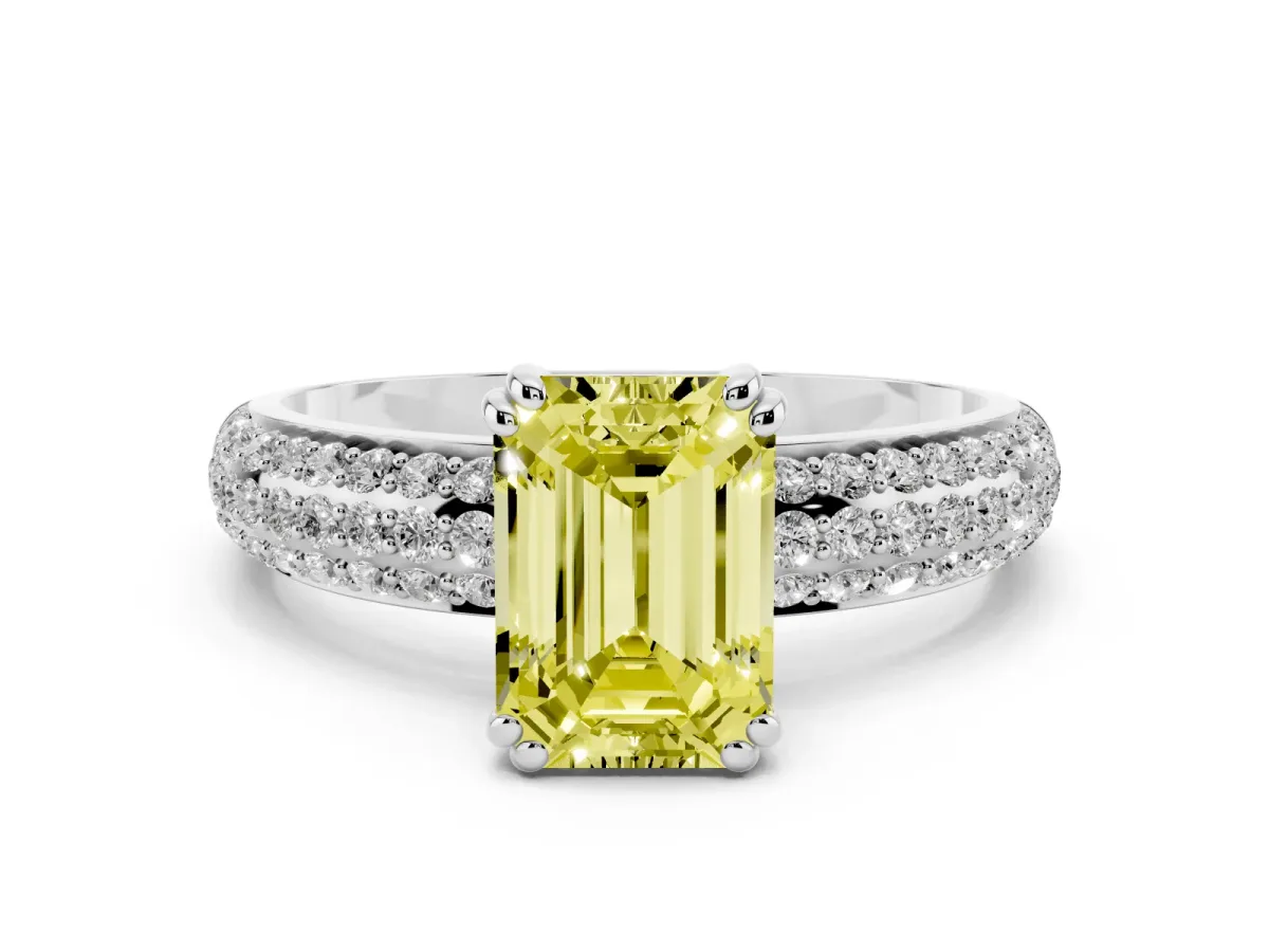 Fancy Yellow Emerald Cut Diamond Solitaire Ring with Multi-Row Round Pavé Band and Prong Setting Platinum