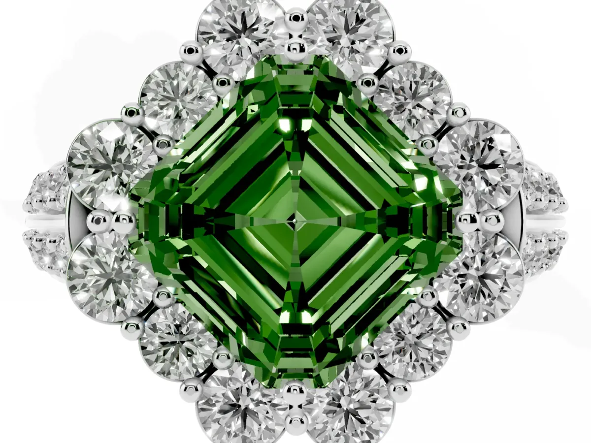 Fancy Green Asscher Cut Halo Diamond Engagement Ring with Split Shank and Prong Setting Silver