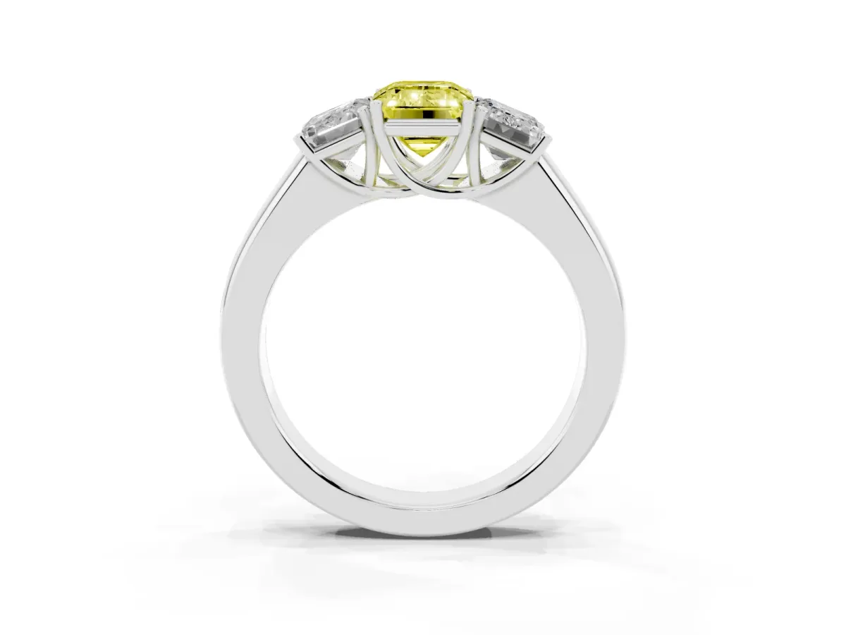 Fancy Yellow Three-Stone Emerald Cut Cut Diamond Ring with Prong Setting and Classic Band Platinum