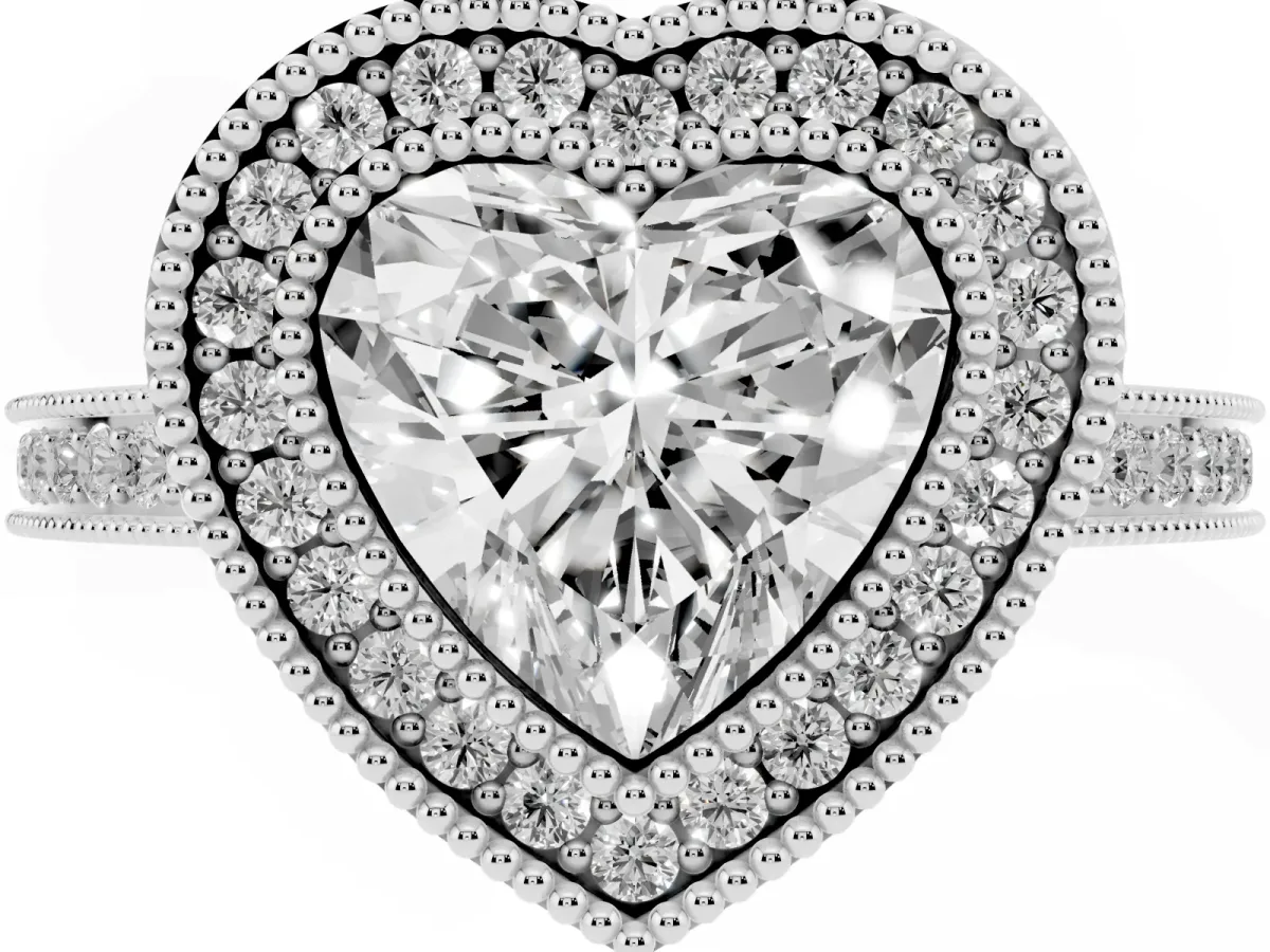 Heart Cut Cut Halo Diamond Ring with Pavé Band and Milgrain Prong Setting White gold