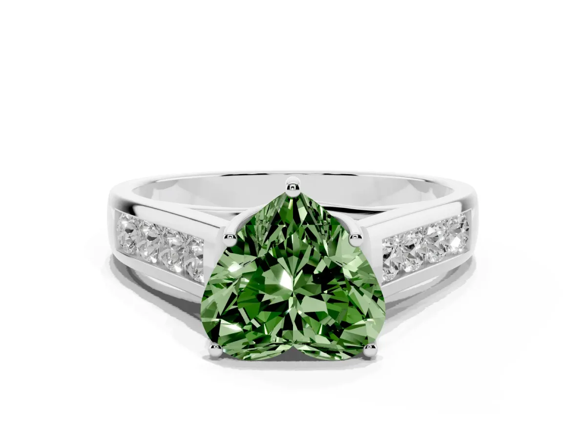 Fancy Green Heart Cut Solitaire Channel-Set Diamond Engagement Ring with Four-Prong Setting Silver