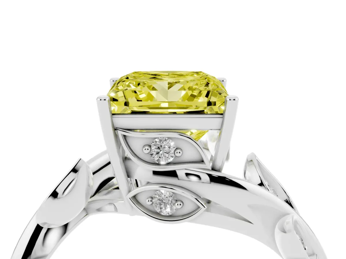 Fancy Yellow Princess Cut Solitaire Twist Engagement Ring with Leaf Accents and Prong Setting Silver