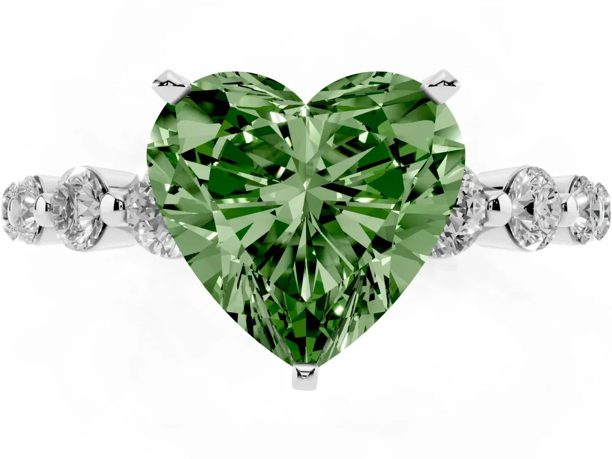 Fancy Green Heart Cut Solitaire Diamond Ring with Pave Band and Four-Prong Setting Silver