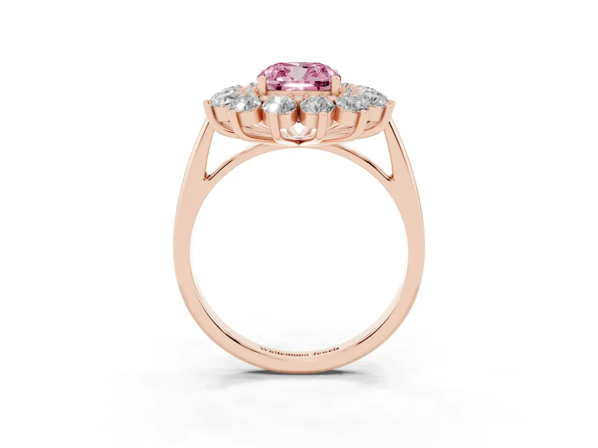 Fancy Pink Cushion Cut Diamond Floral Double Halo Engagement Ring with Prong Setting Rose gold