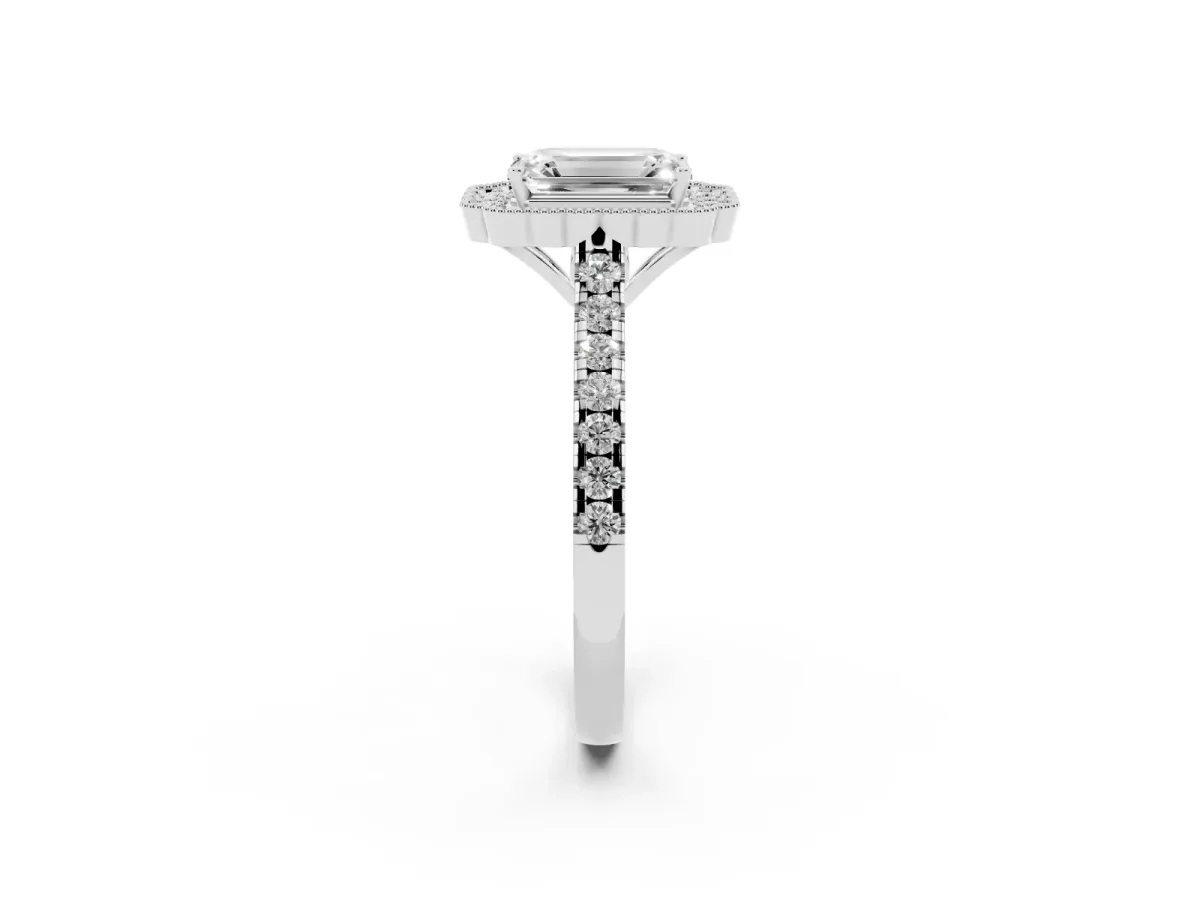 Emerald Cut Cut Diamond Milgrain Floral Halo Engagement Ring with Pavé Band Silver