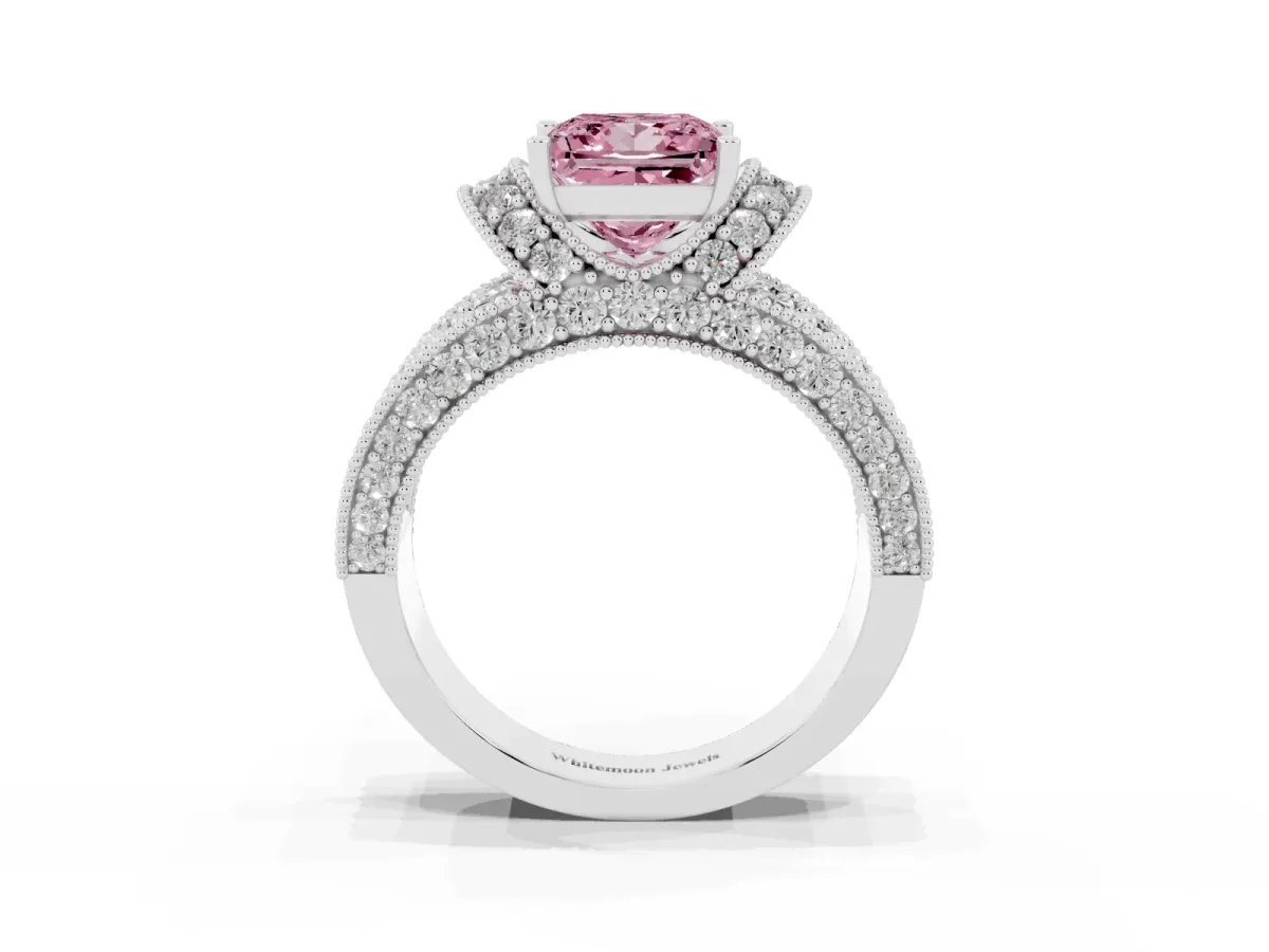 Fancy Pink Princess Cut Halo Pave Diamond Engagement Ring with Milgrain Detailing Silver